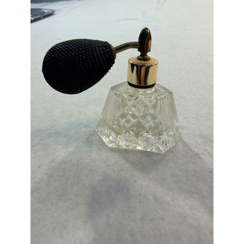 Vintage Cut Glass Perfume Bottle Black Mesh Bulb Atomizer Gold Tone Trim Clear
